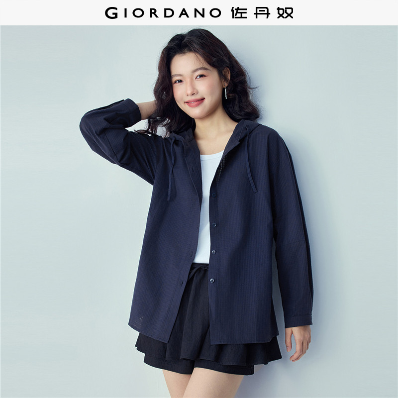 Giordano宽松长袖纯棉连帽衬衫图片