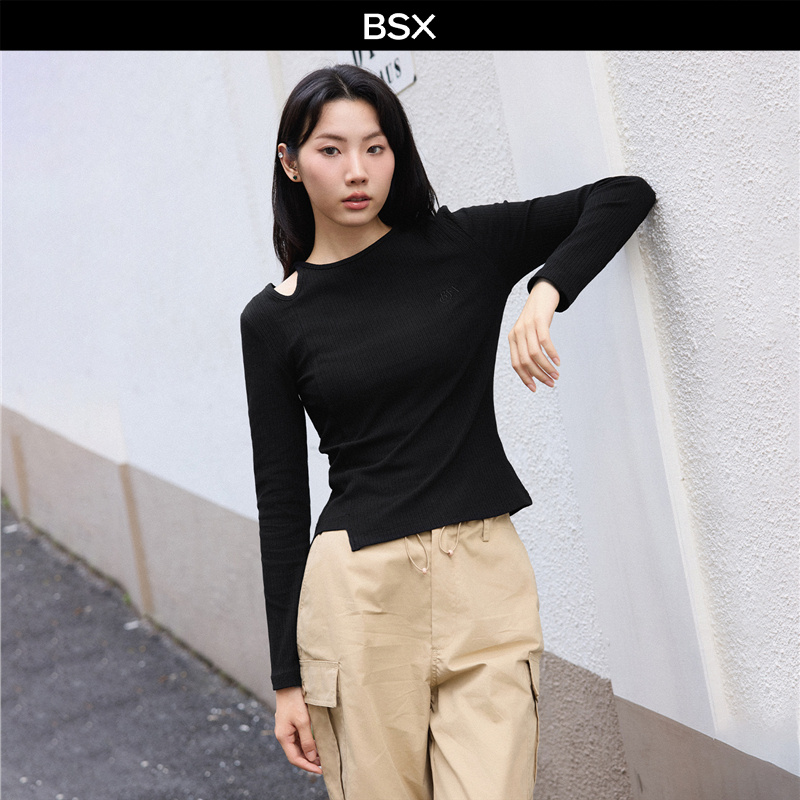 BSX修身刺绣露肩长袖T恤