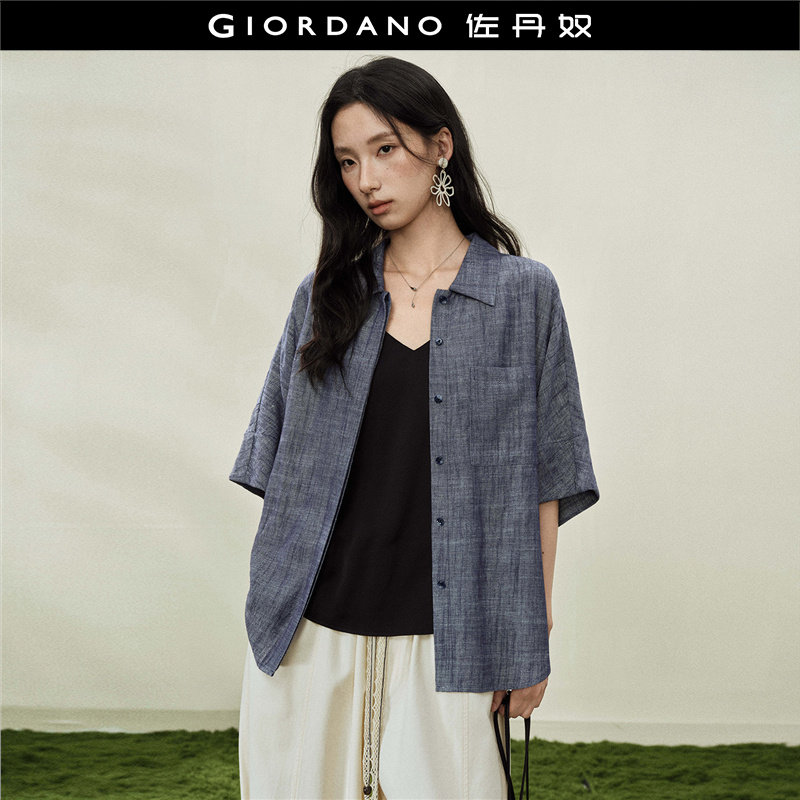 设计师款佐丹奴夏季新款亚麻单口袋宽松翻领五分袖衬衫女18346605