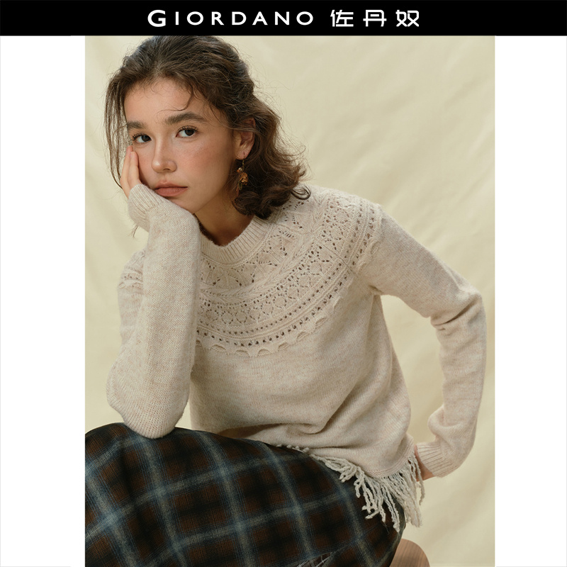 Giordano圆领流苏下摆针织衫