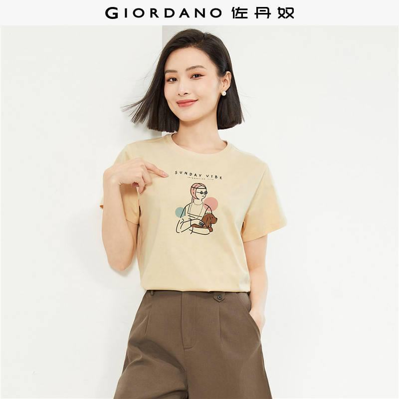 佐丹奴短袖T恤女夏季新款纯棉名画印花文艺风圆领上衣女133243