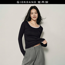 【韩国同款】佐丹奴长袖T恤女装弹力圆领短款修身打底衫05325833