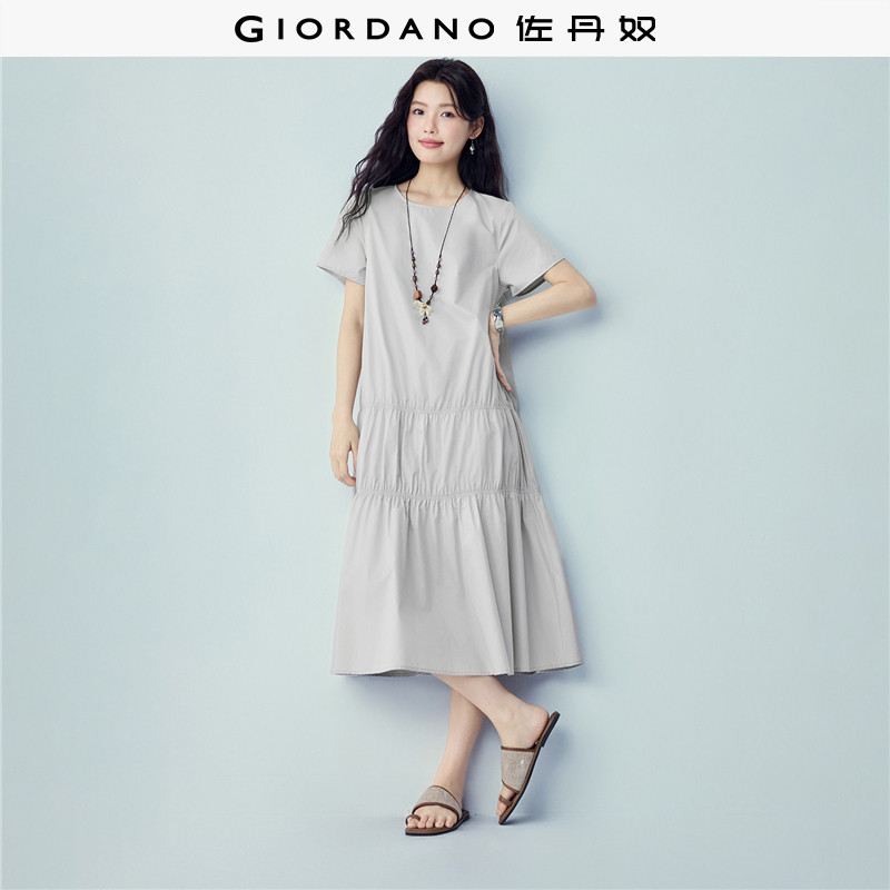 佐丹奴短袖裙子女夏季新款纯棉蛋糕裙拼接缩褶圆领连衣裙05466339