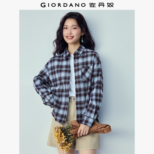 Giordano口袋长袖纯棉格纹衬衫