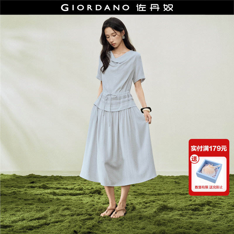 设计师款佐丹奴短袖裙子女假两件荡领压褶绑带收腰连衣裙18466509