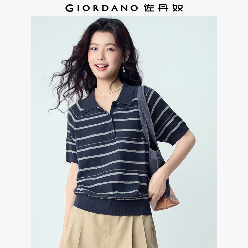 佐丹奴2026年夏季新款纯棉条纹宽松插肩短袖POLO针织衫女13356237