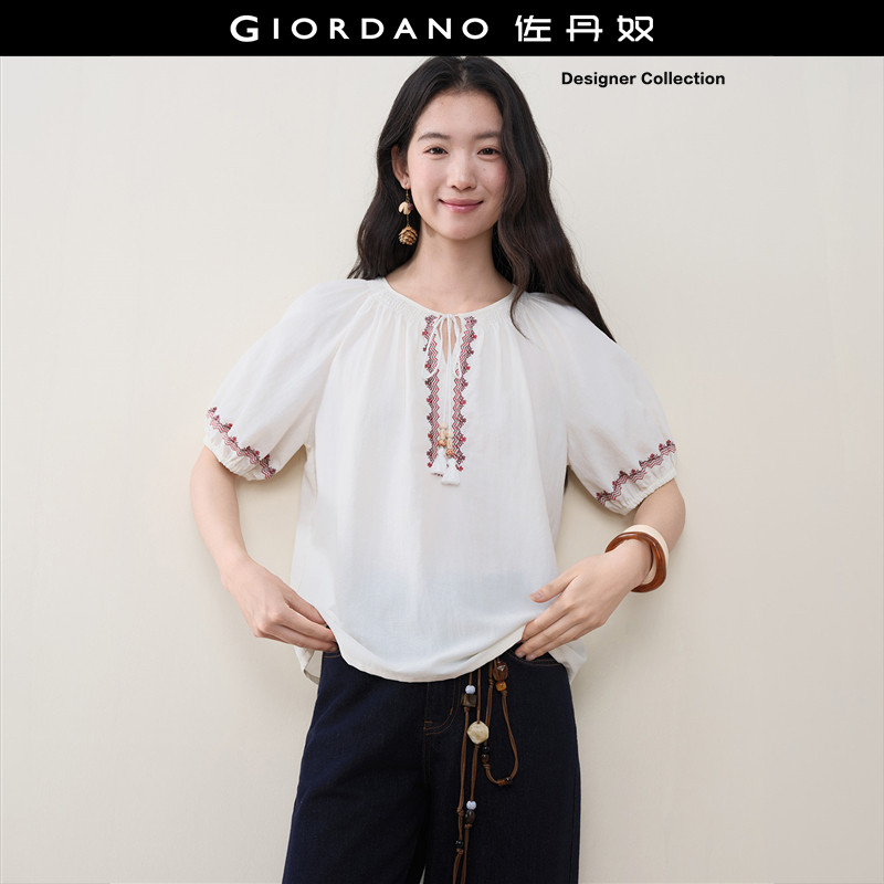 Giordano短袖民族风绣花衬衫图片