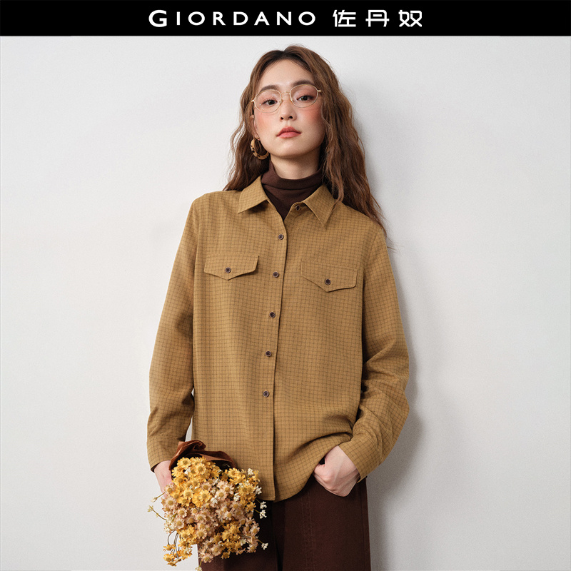 Giordano长袖格纹戴盖假袋衬衫