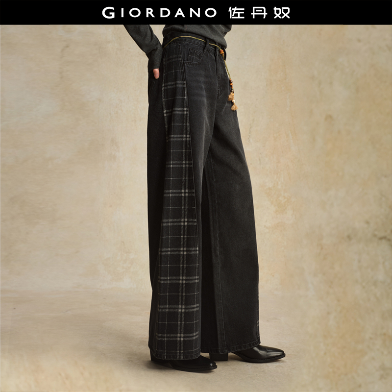 佐丹奴阔腿长裤拼接格纹牛仔裤