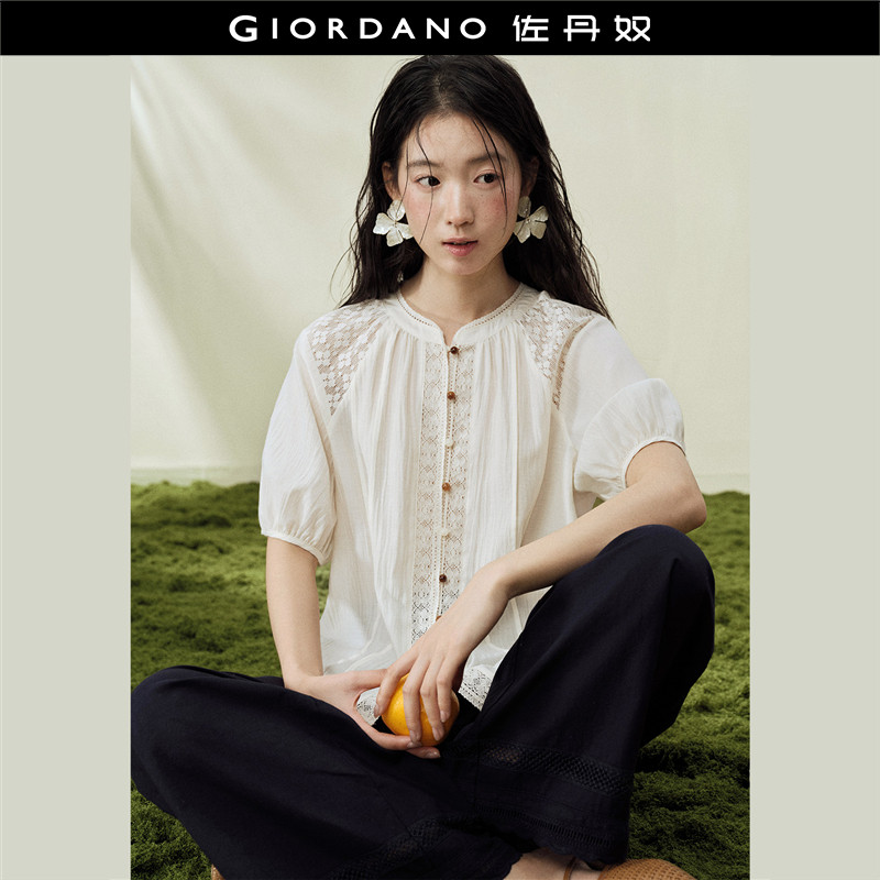 设计师款佐丹奴肌理感拼接蕾丝法式风宽松圆领短袖衬衫女18346207