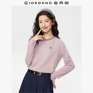 佐丹奴长袖 纯棉爱心刺绣圆领撞色领上衣女13325792 T恤女秋季 新款