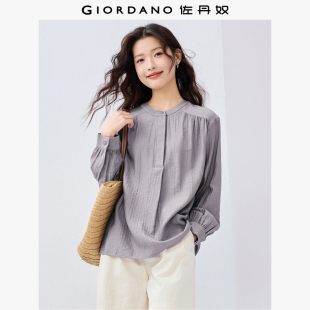 肩膀压褶圆领半开筒长袖 新款 衬衣05345103 女2026年春季 佐丹奴衬衫