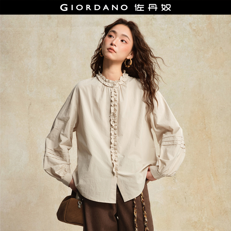 Giordano宽松长袖拼接花边衬衫