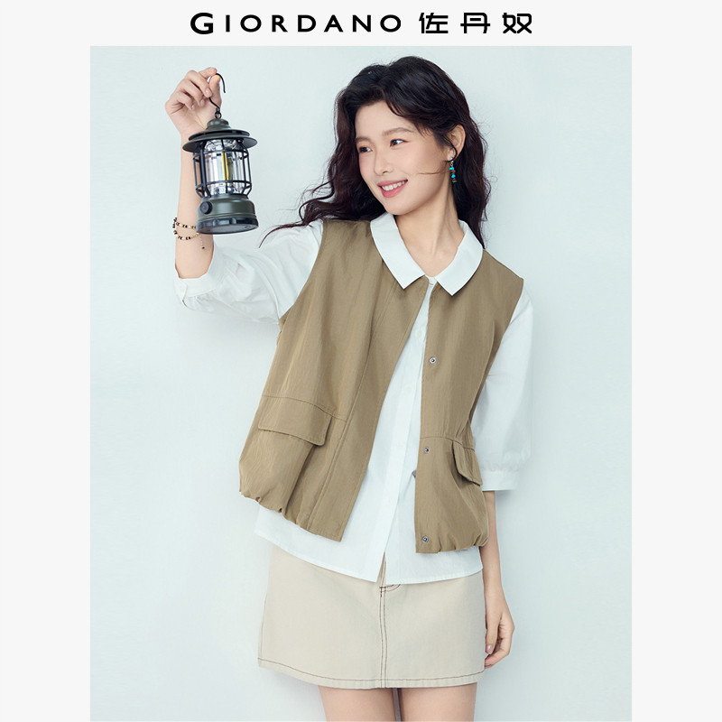 佐丹奴2026年春季新款肌理感圆领破骨戴盖口袋马甲外套女13376137