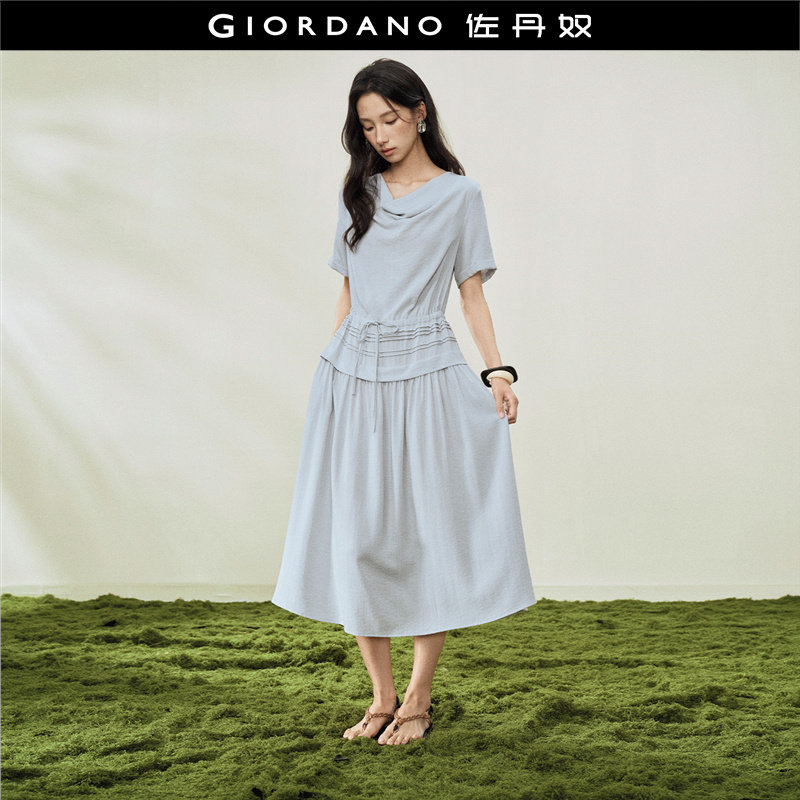 设计师款佐丹奴短袖裙子女假两件荡领压褶绑带收腰连衣裙18466509