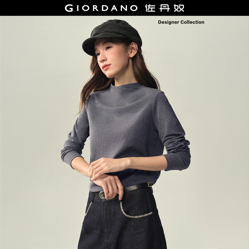 设计师款佐丹奴长袖T恤女2026秋冬新款打褶半高领上衣女18326528