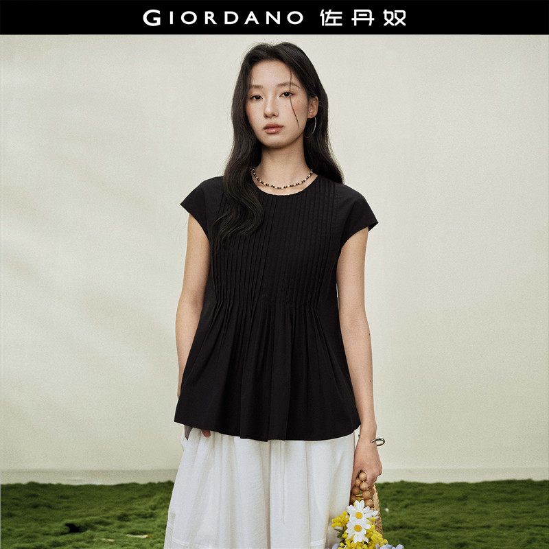 设计师款佐丹奴修身短袖娃娃衫女拼接A摆圆领小飞袖衬衫18346710