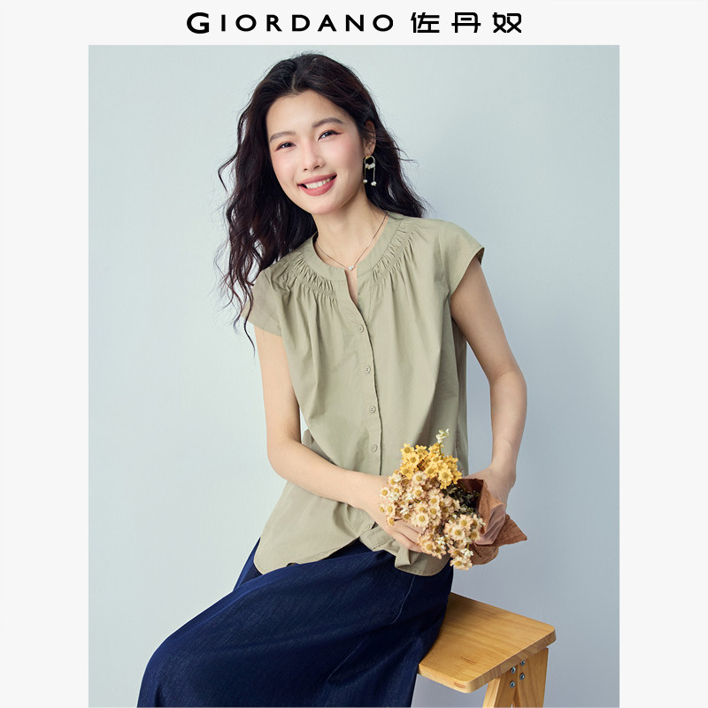 佐丹奴短袖衬衫女夏季新款纯棉打揽宽松V领小飞袖衬衣女05346490