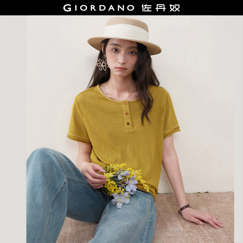 设计师款佐丹奴亨利衫女夏新款绣线亨利领卷边短袖T恤女18326810