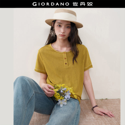 Giordano短袖卷边亨利领T恤