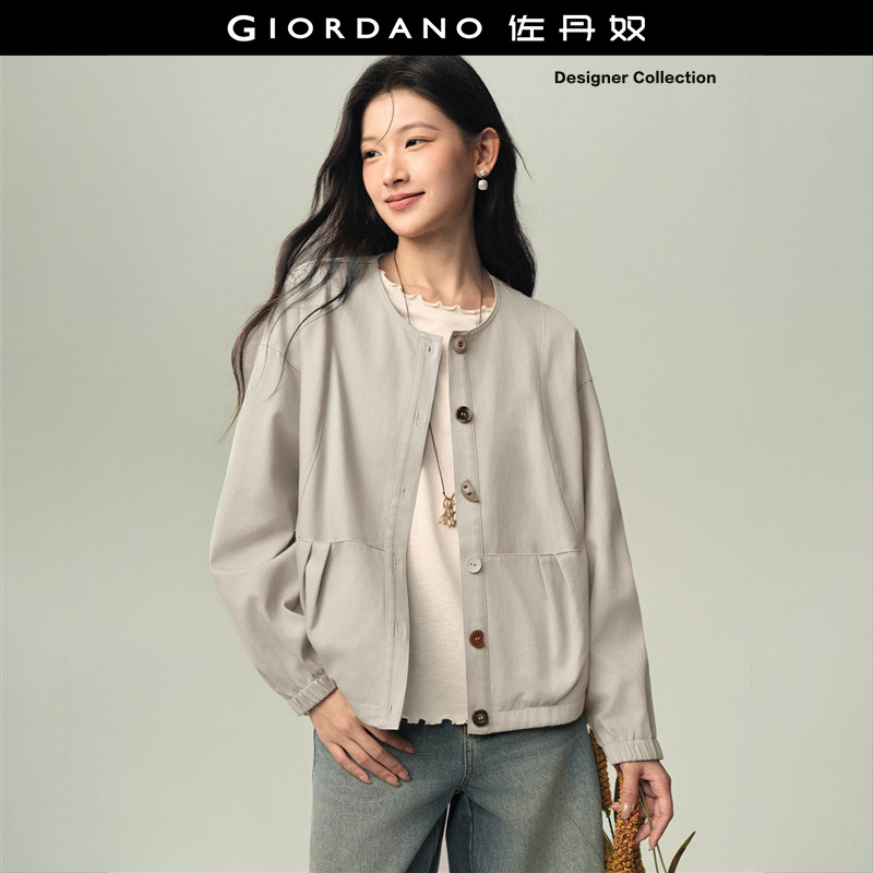 设计师款佐丹奴外套女秋冬新款抽绳褶皱宽松落肩圆领夹克18376508