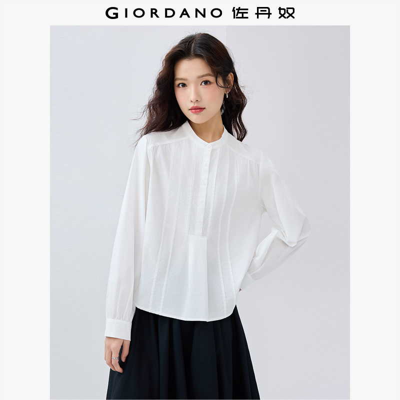 佐丹奴衬衫女纯棉府绸气质通勤风压褶小立领长袖休闲衬衣05345102