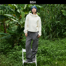 BSX秋冬新款加绒裤子女胶章腰带松紧腰宽松多口袋工装裤04415170