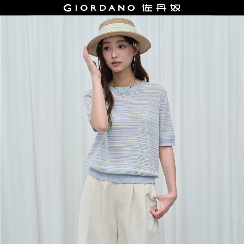 设计师款佐丹奴夏季新款亚麻莱赛尔条纹圆领短袖针织衫女18356207