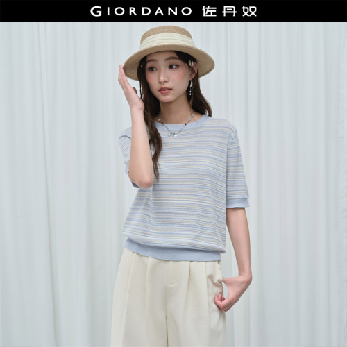 Giordano圆领套头条纹针织衫