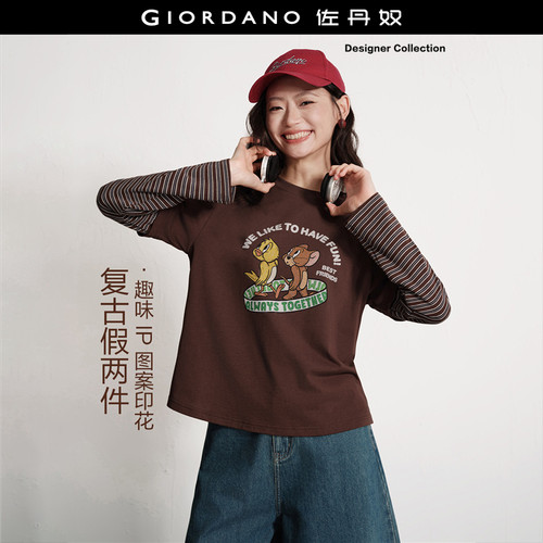 Giordano长袖假两件条纹印花T恤
