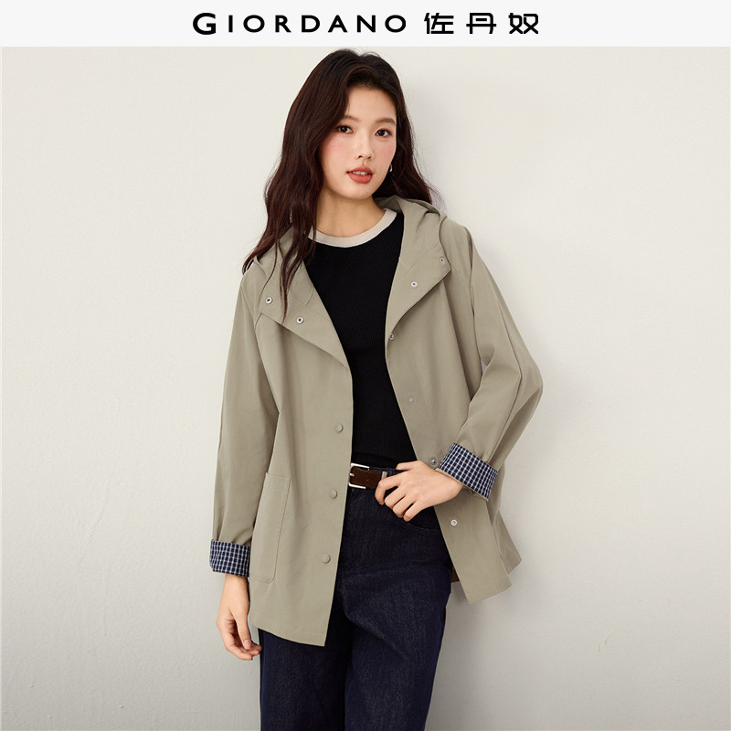 佐丹奴廓形夹克女2026秋冬拼接格纹袖中长款连帽风衣外套1337