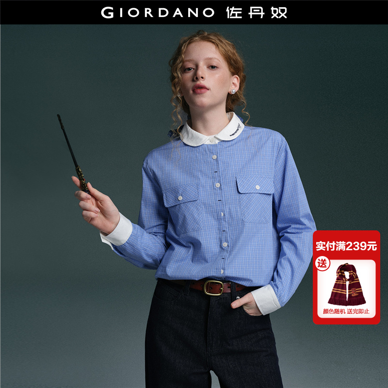 Giordano娃娃领长袖刺绣衬衫