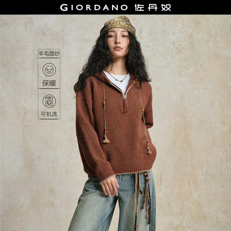 Giordano半拉链连帽撞色针织衫