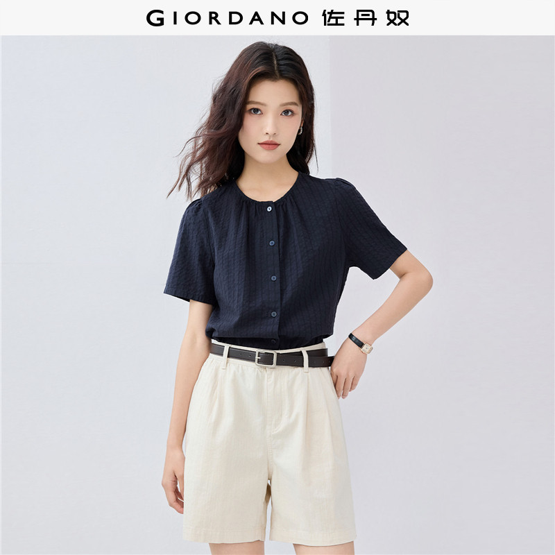 佐丹奴肌理感衬衫女新款纯棉暗条纹法式圆领通勤短袖上衣05345477