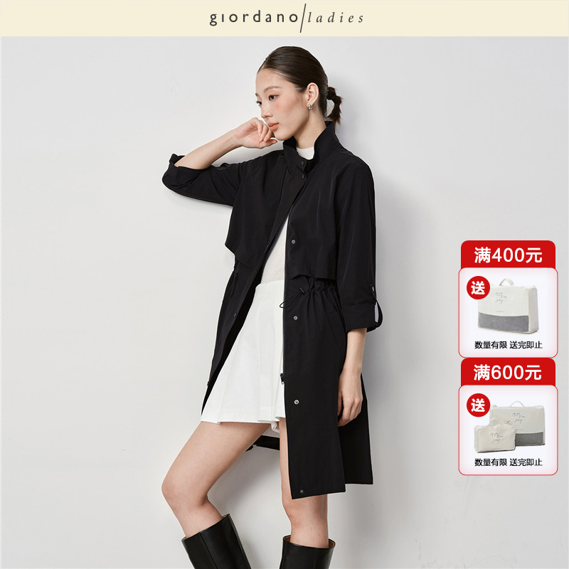 GL2026春季新款防风外套女装老钱风立领可束腰中长款风衣02375518