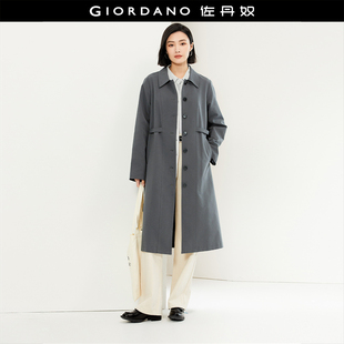 风衣外套女18374102 佐丹奴极简风大衣女气质通勤翻领腰带收腰长款