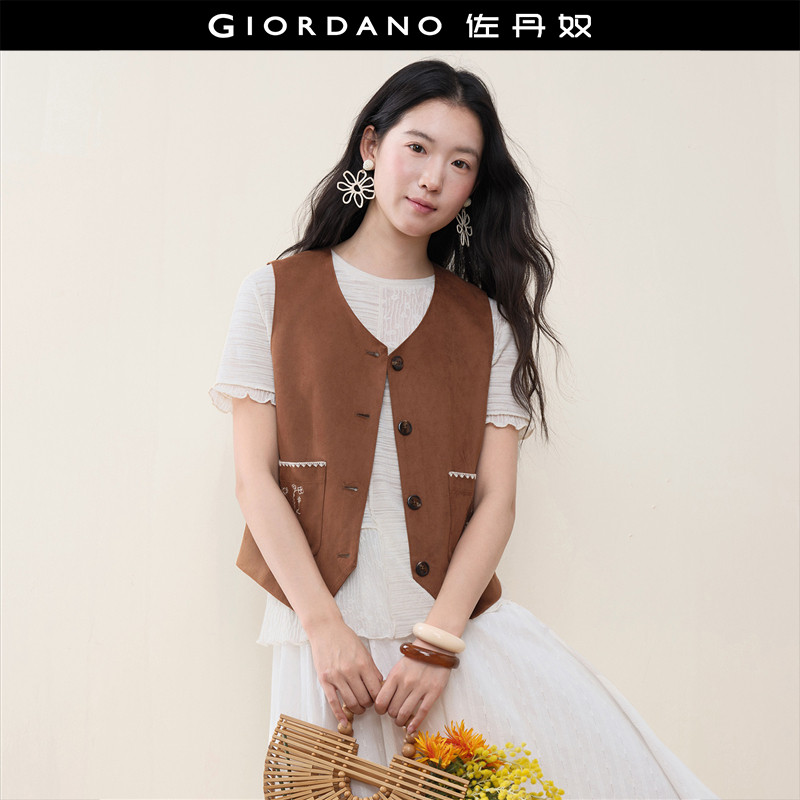 设计师款佐丹奴仿麂皮复古风刺绣口袋修身V领马甲外套女18376305