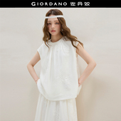 佐丹奴衬衫 衬衫 女夏季 绣花收褶圆领小飞袖 女18345208 新款 设计师款