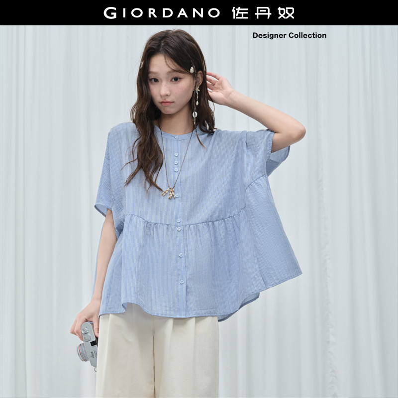 Giordano短袖条纹衬衫碎褶下摆图片