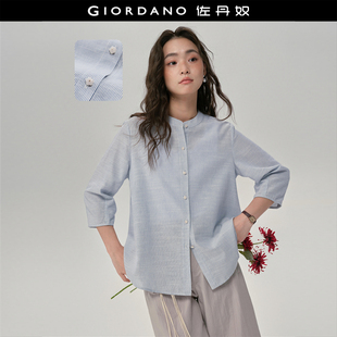 女18345823 竖条纹衬衫 设计师款 佐丹奴2026年春宽松圆领拼接七分袖