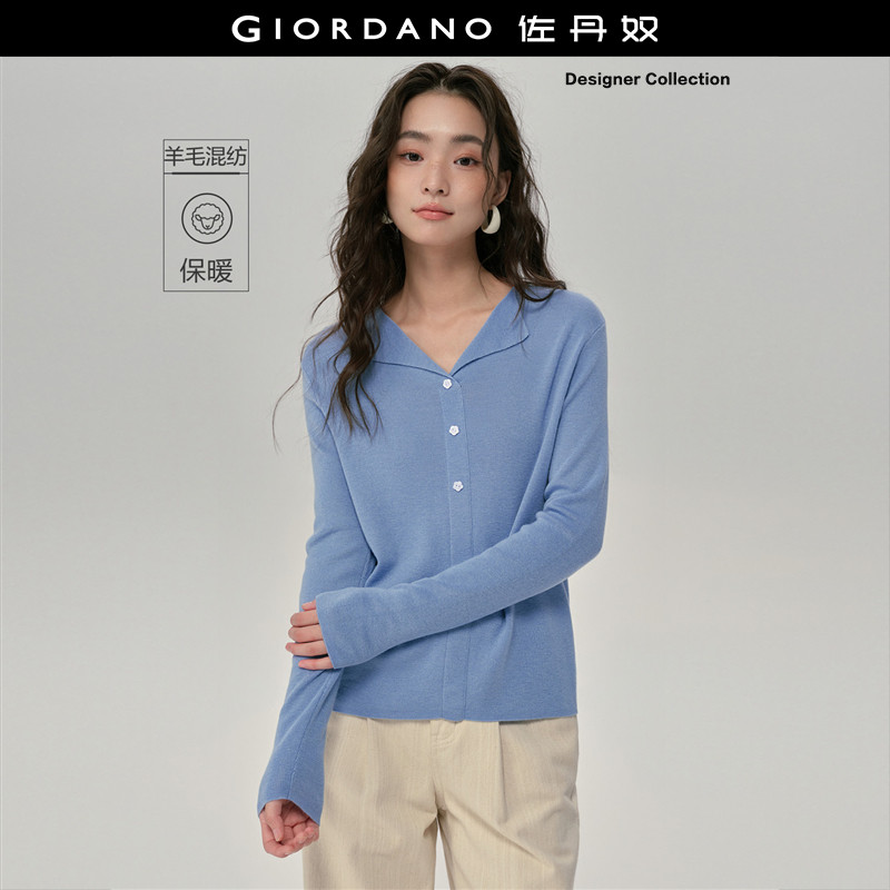 设计师款佐丹奴针织衫女新款假门筒修身v型翻领套头毛衣183555