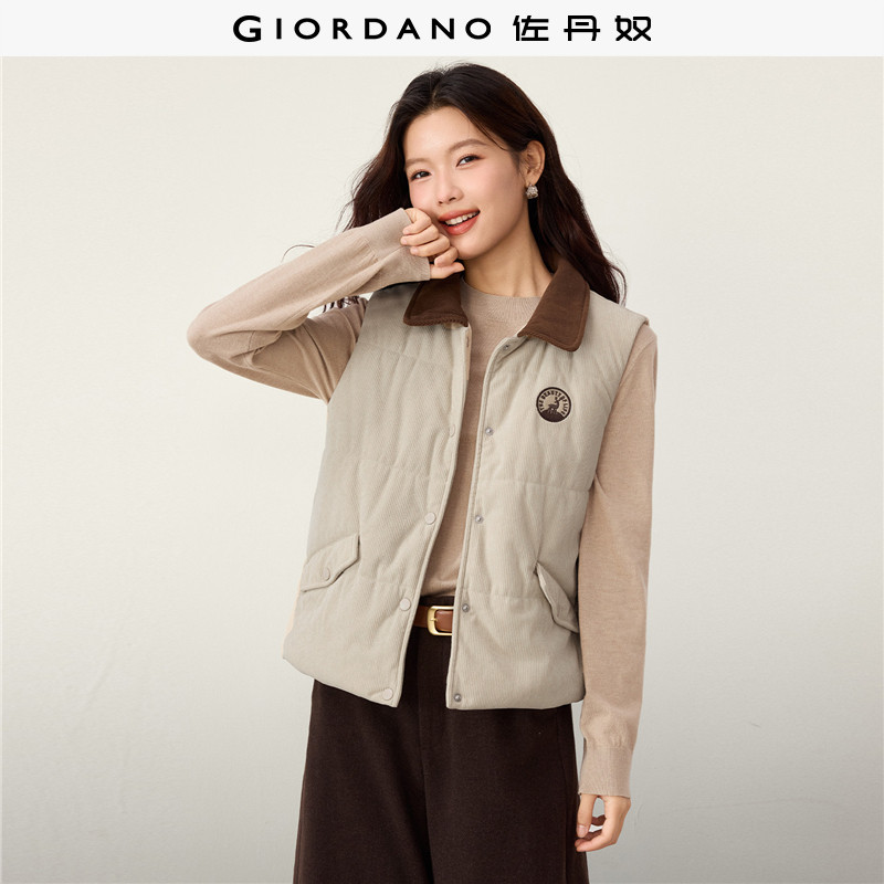 佐丹奴2026秋冬巴恩风绣章灯芯绒撞色翻领棉衣背心外套女13376642