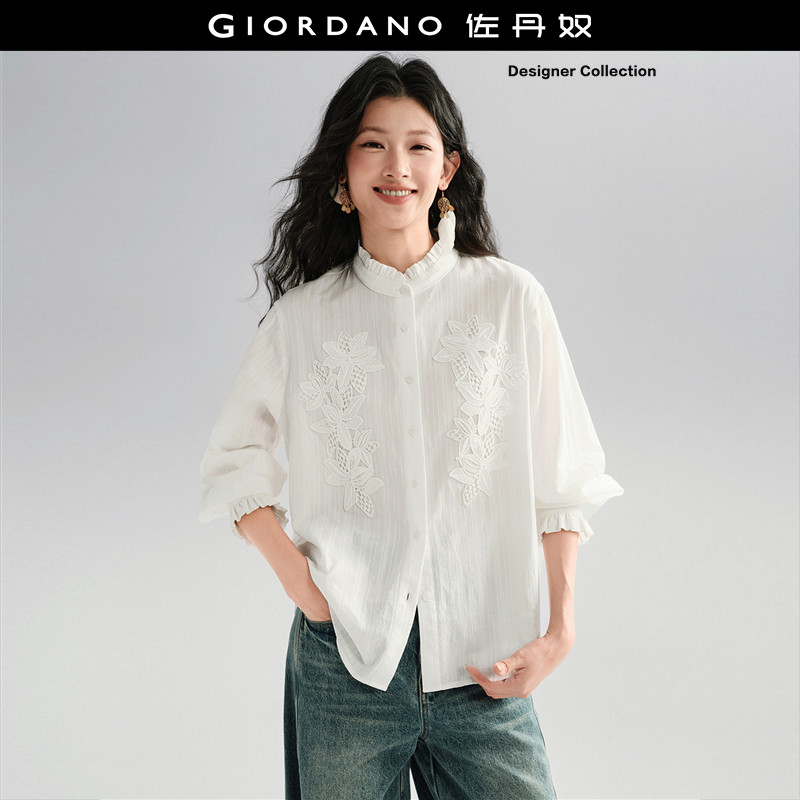 设计师款佐丹奴长袖衬衫女蕾丝绣花宽松木耳边立领上衣女18346628
