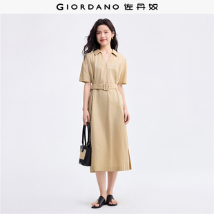 佐丹奴裙子女装纯棉府绸V字翻领腰带梭织连衣裙 13465332
