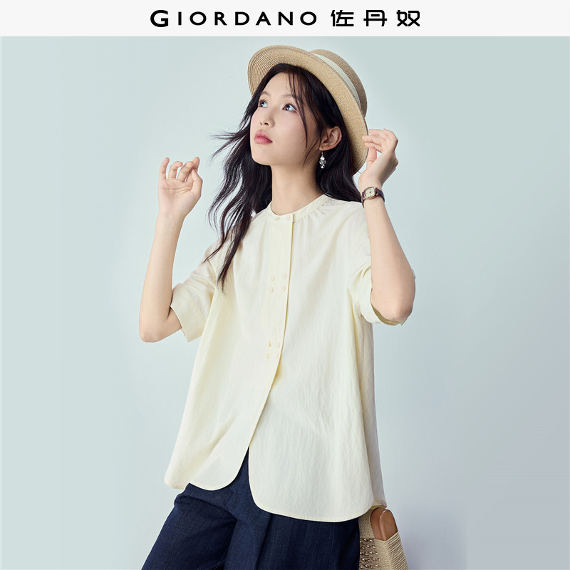 设计师款佐丹奴短袖衬衫女夏季新款宽松立领新中式上衣女18346004 - 实物图