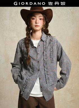 设计师款佐丹奴格纹泡泡纱拼接花边娃娃领宽松长袖衬衫女18345912