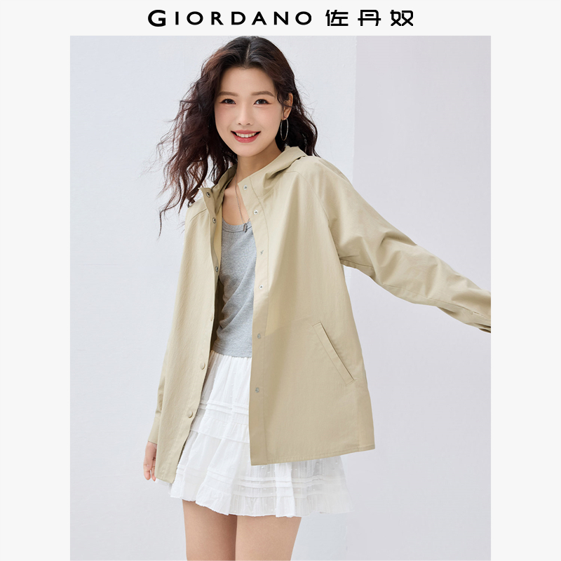 Giordano连帽中长款收褶风衣