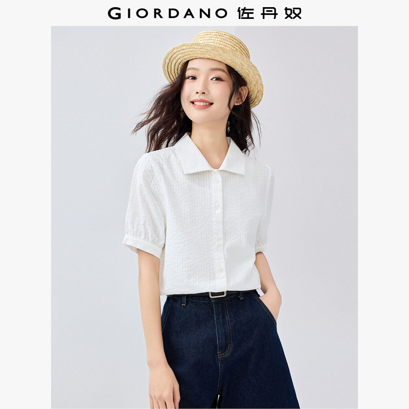 佐丹奴衬衫女新款纯棉提花暗条纹通勤正装休闲衬衣女短袖05345467