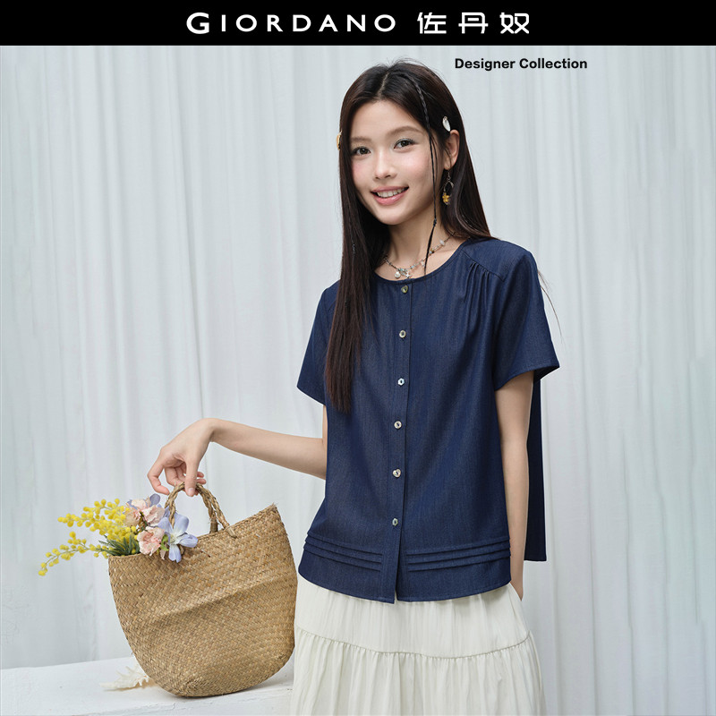 Giordano短袖牛仔衬衫肩部缩褶图片
