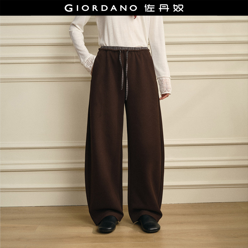 设计师款佐丹奴2026年春季拼接格纹抽绳松紧腰弯刀卫裤女18416303,女装/女士精品,卫裤,淘宝优惠券,粉丝福利购,淘宝优惠卷